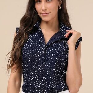 Lulus Chic Candidate Navy Polka Dot Collared Sleeveless Button-up Top Blue